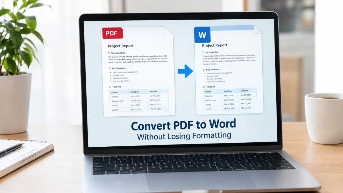 A project report PDF converted to a Word document with the same headings, bullet list and table, shown side by side on a laptop