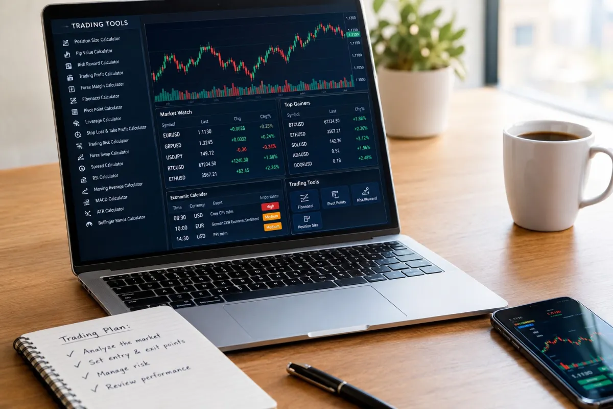 Laptop showing a list of trading calculators beside a forex chart, market watch and economic calendar, with a written trading plan