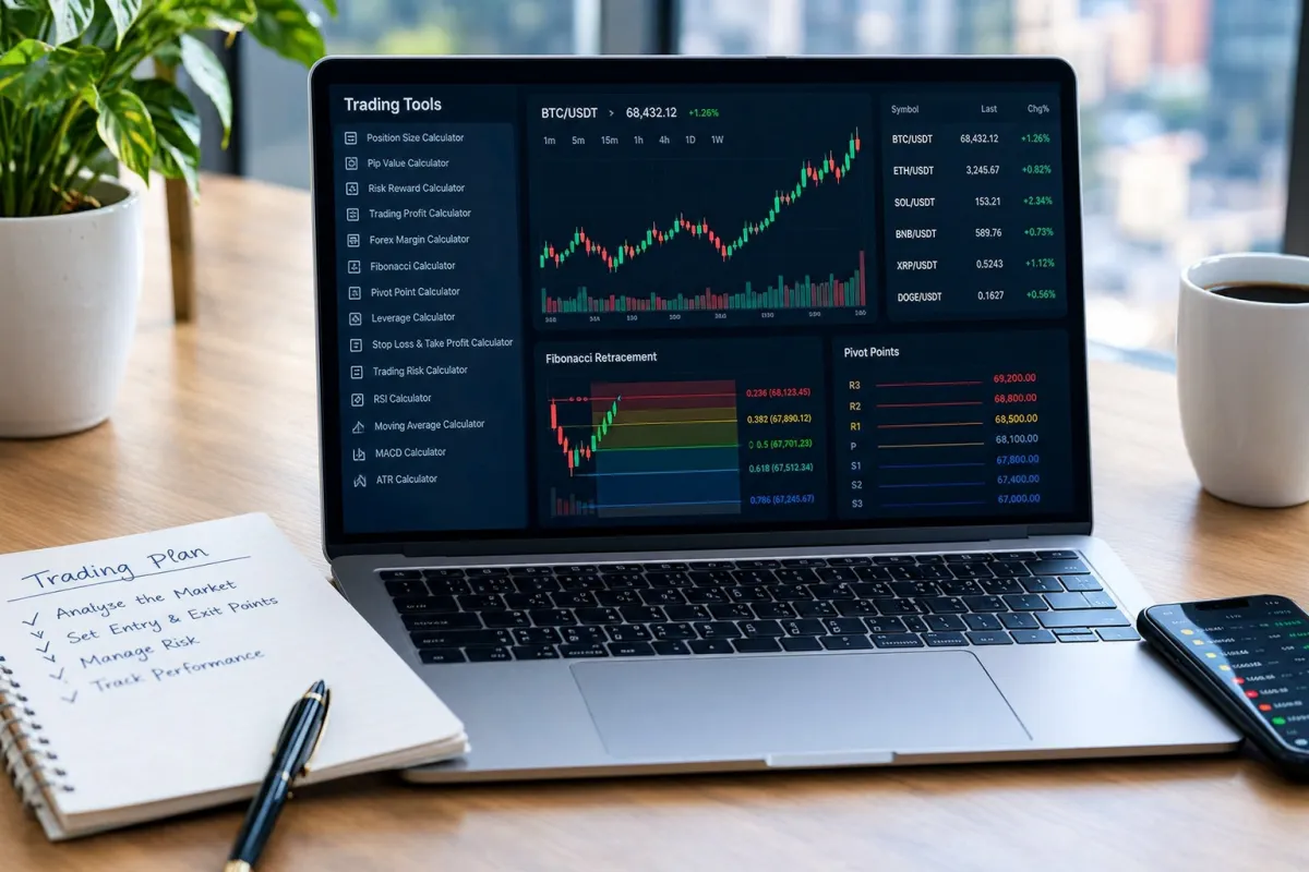 Trading calculators on a laptop next to a BTC/USDT chart with Fibonacci retracement and pivot point levels